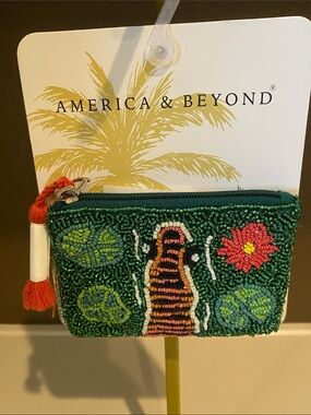 American & Beyond Green Beaded Floral Coin Pouch with Tassel